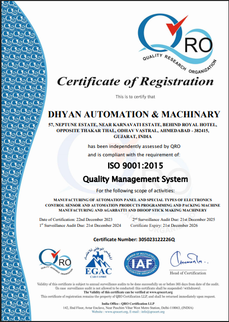 Dhyan Automation Machinery ISO 9001-2015 Certificate