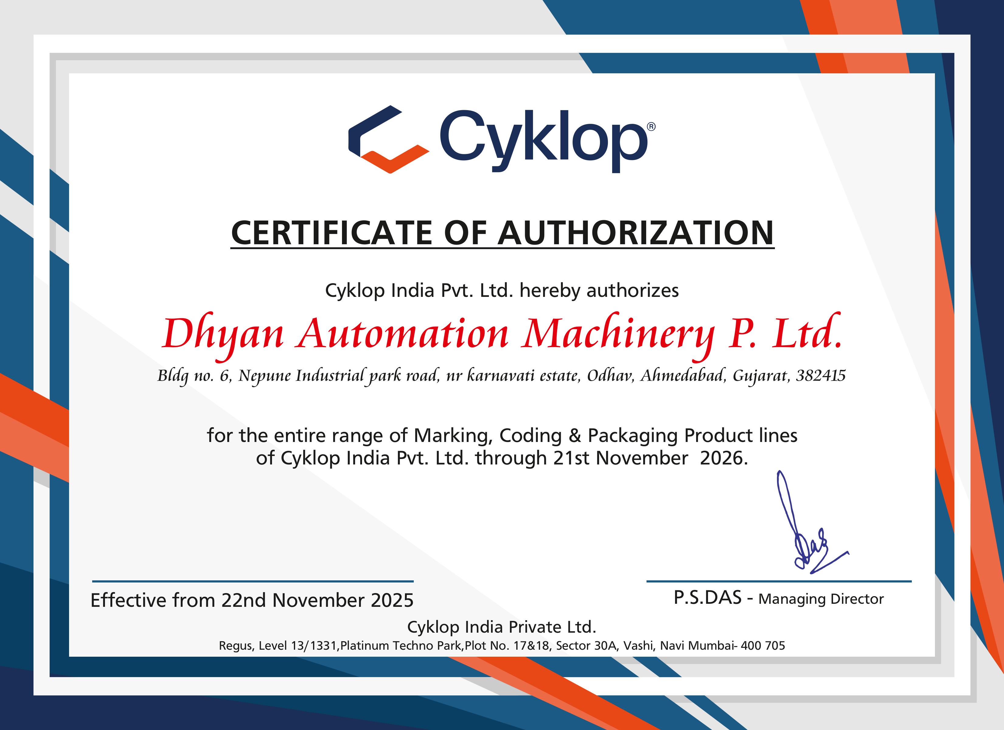 Dhyan Automation Machinery Certificate of Authorization